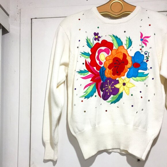 VINTAGE SPANNER IMPORTS KNIT FLORAL PATCHWORK SWEATERS SIZE S - Picture 5 of 11